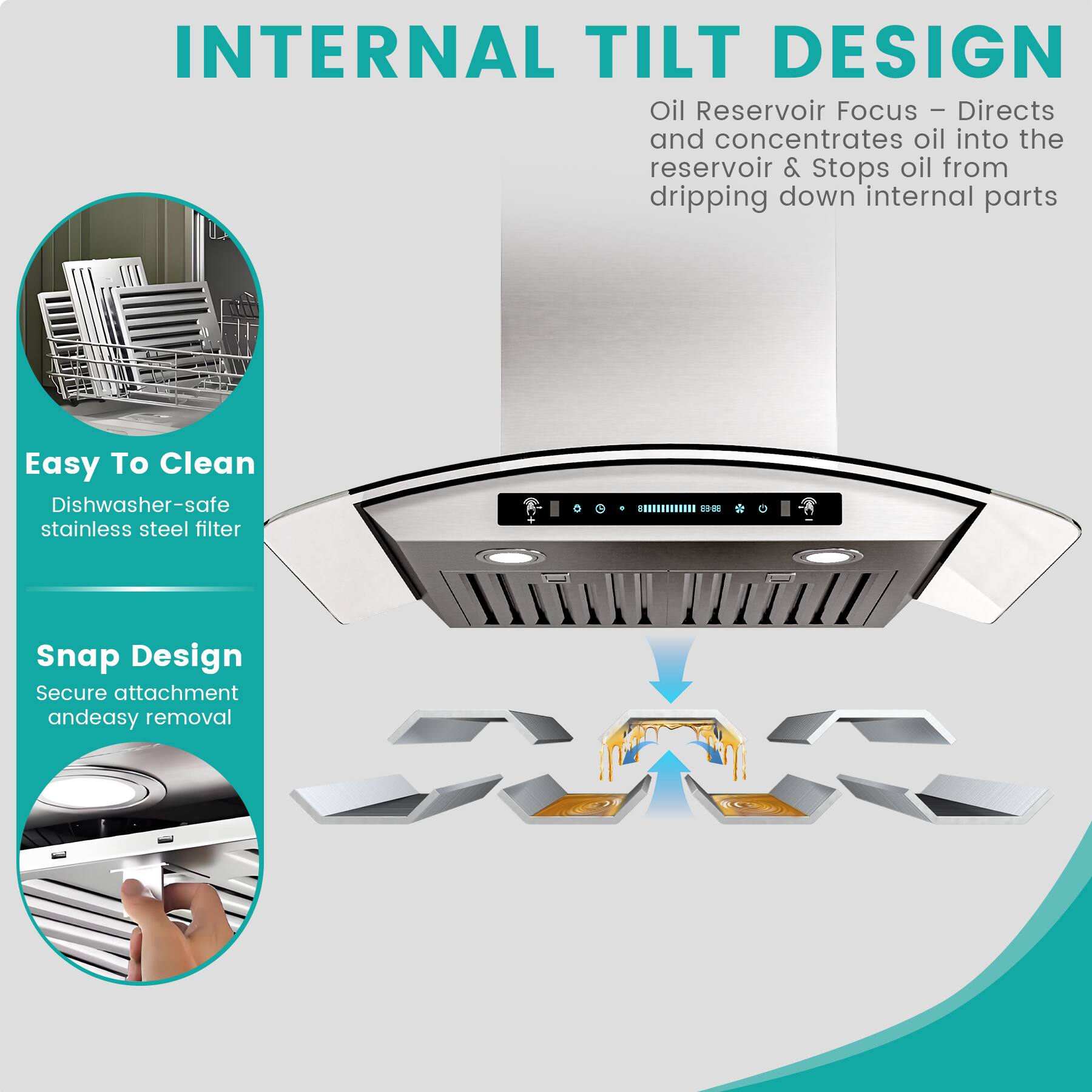INTERNAL TILT DESIGN

Oil Reservoir Focus - Directs and concentrates oil into the reservoir & Stops oil from dripping down internal parts

Easy To Clean
Dishwasher-safe stainless steel filter

Snap Design
Secure attachment and easy removal