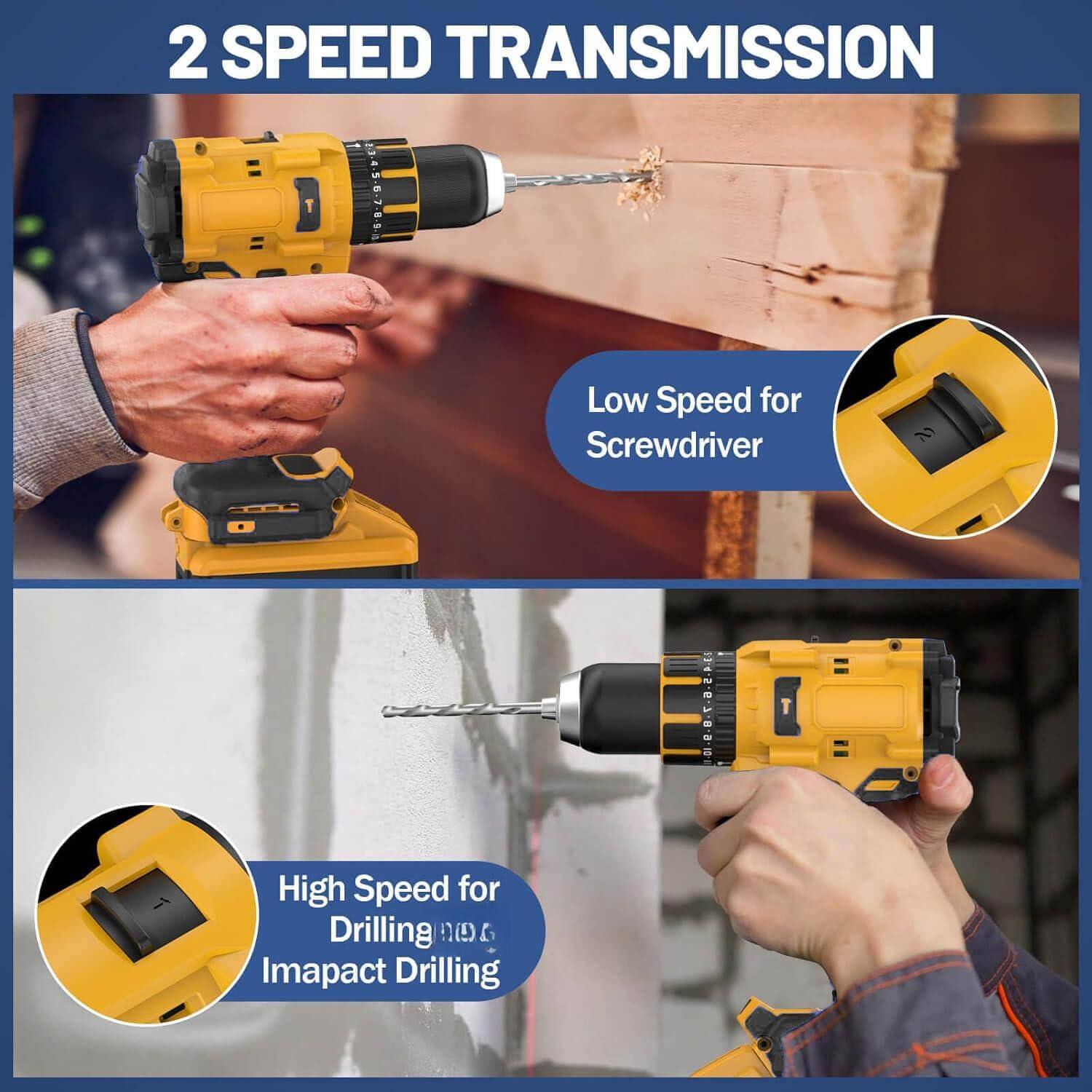2 SPEED TRANSMISSION

Low Speed for Screwdriver

High Speed for Drilling and Impact Drilling