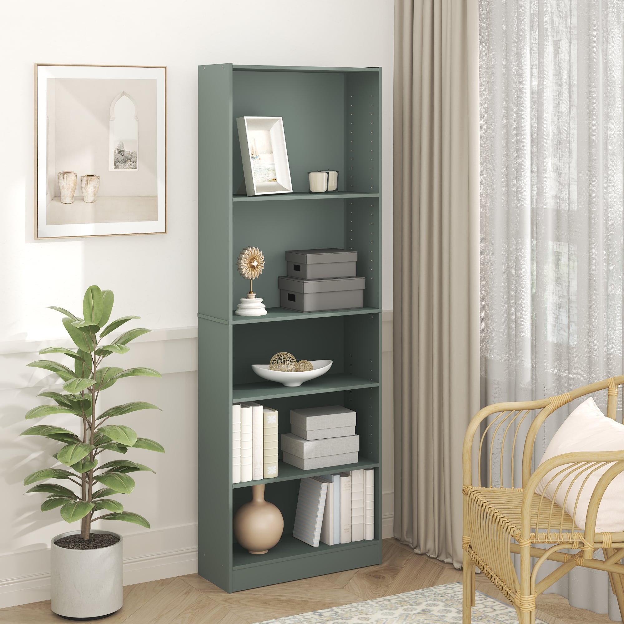 Furinno - JAYA Book Shelf, 5-Tier Bookshelf, Bookcase, with Adjustable Shelves, 9.5 x 24.5 x 71, for Home Office, Living Room - Sage Green