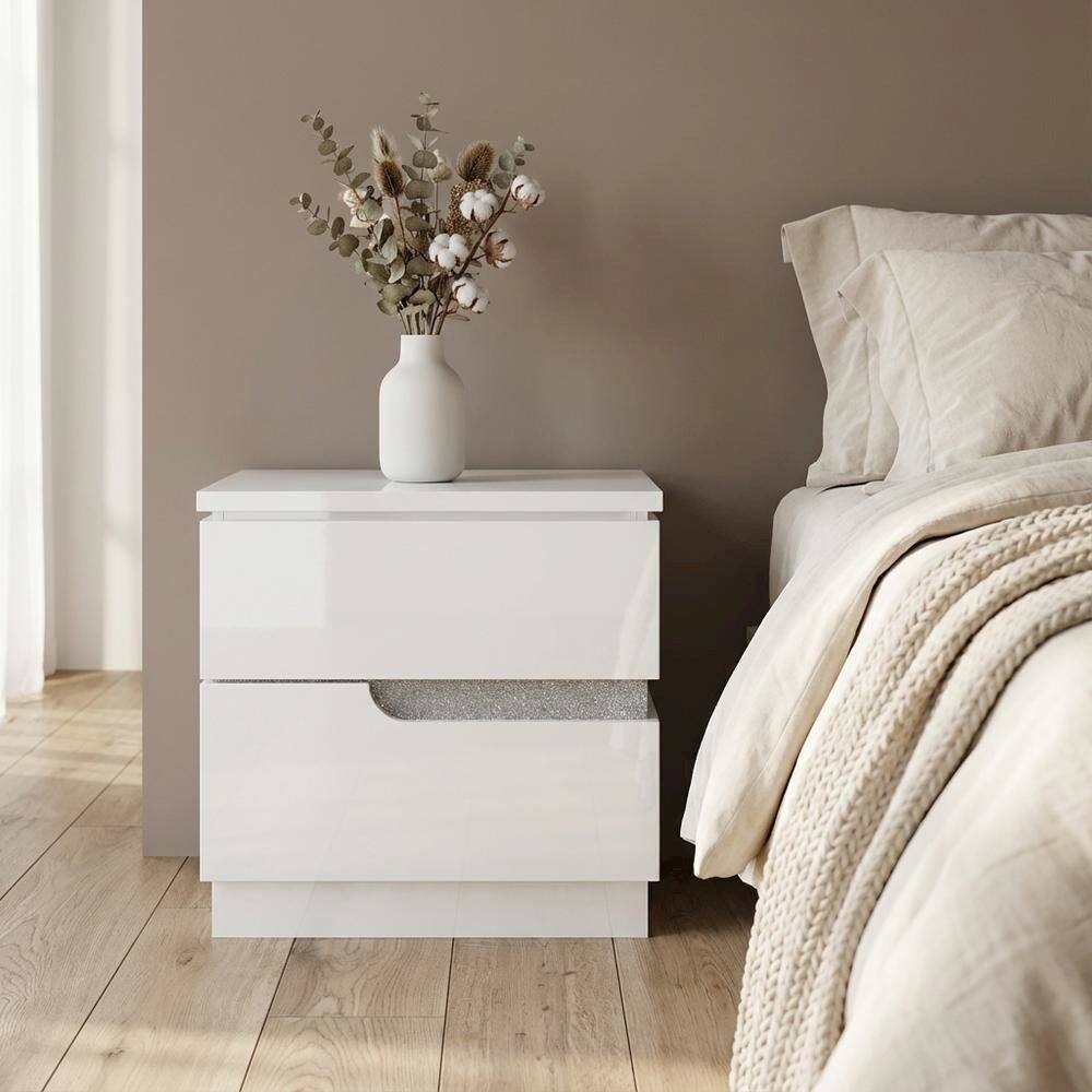 Left. FurniFact - Glam White Nightstand with High-Gloss Finish and Ball Ing Drawers - White.