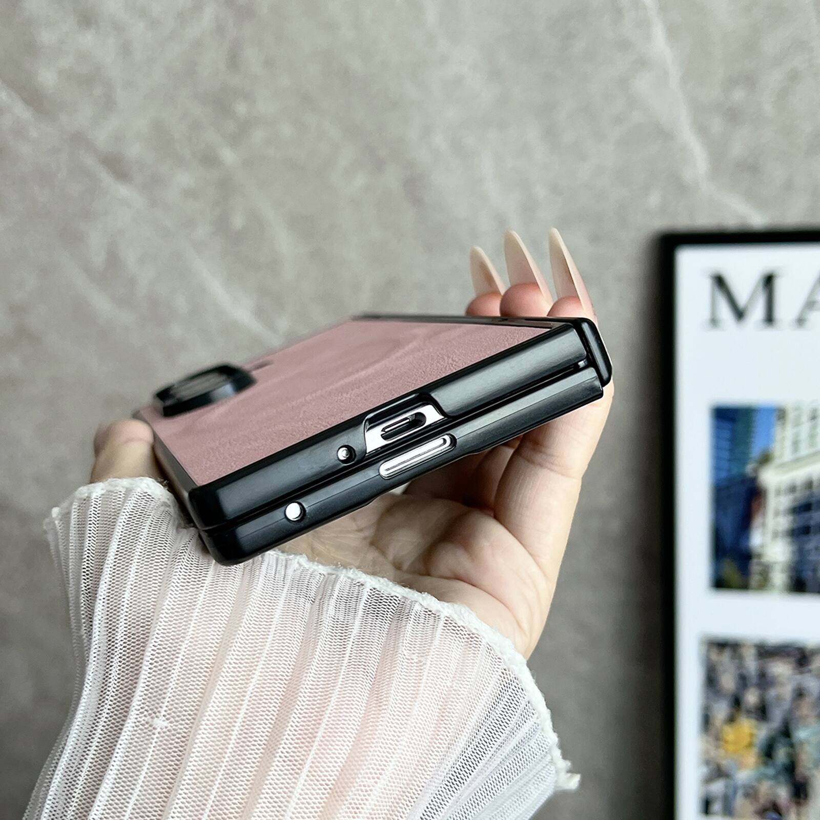 Alt View 5. Dteck - Magnetic Leather Texture Phone Case for Samsung Galaxy Z Fold8 Ultra with Screen Protector, Hard PC Protective Cover - Pink.
