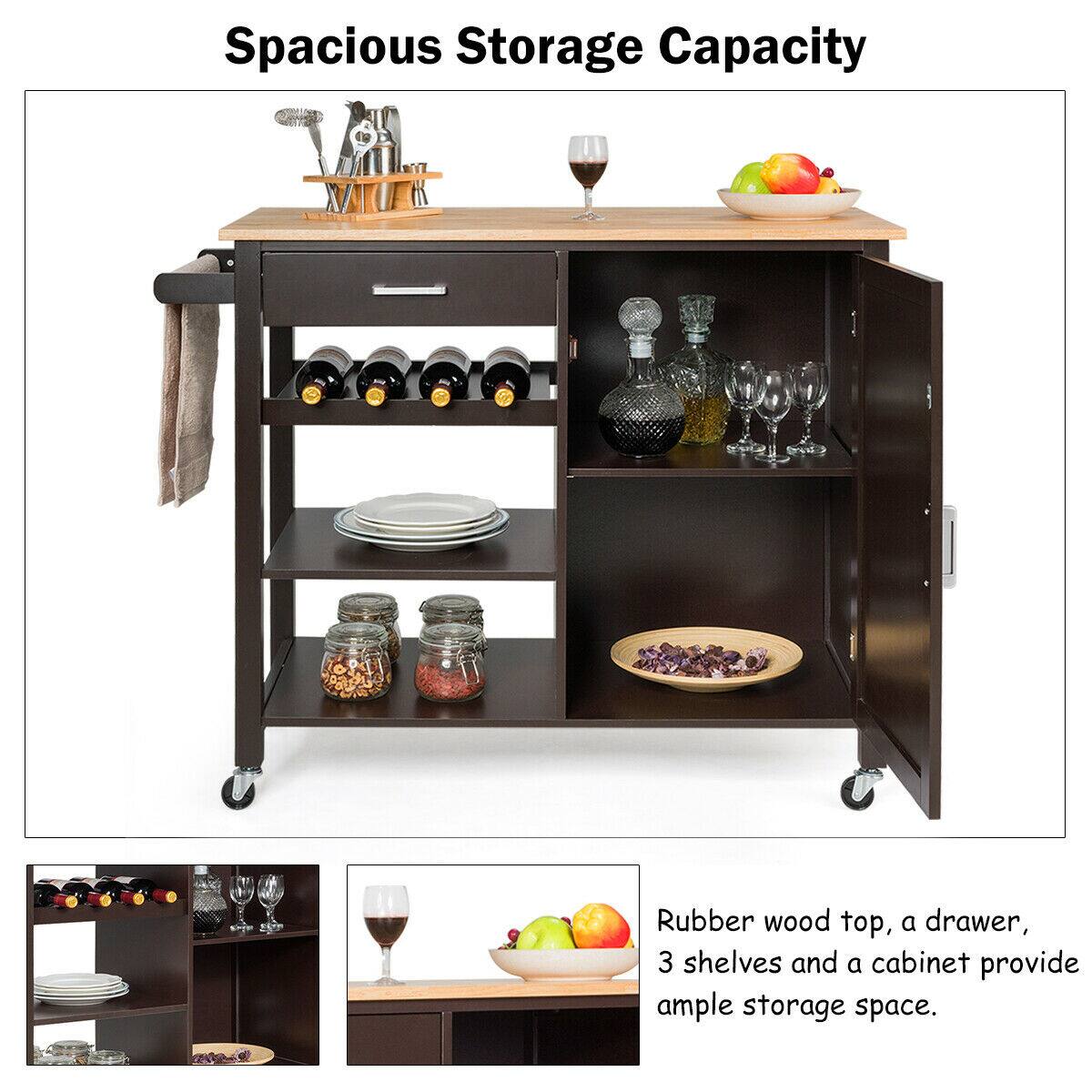 Spacious Storage Capacity

Rubber wood top, a drawer, 3 shelves and a cabinet provide ample storage space.