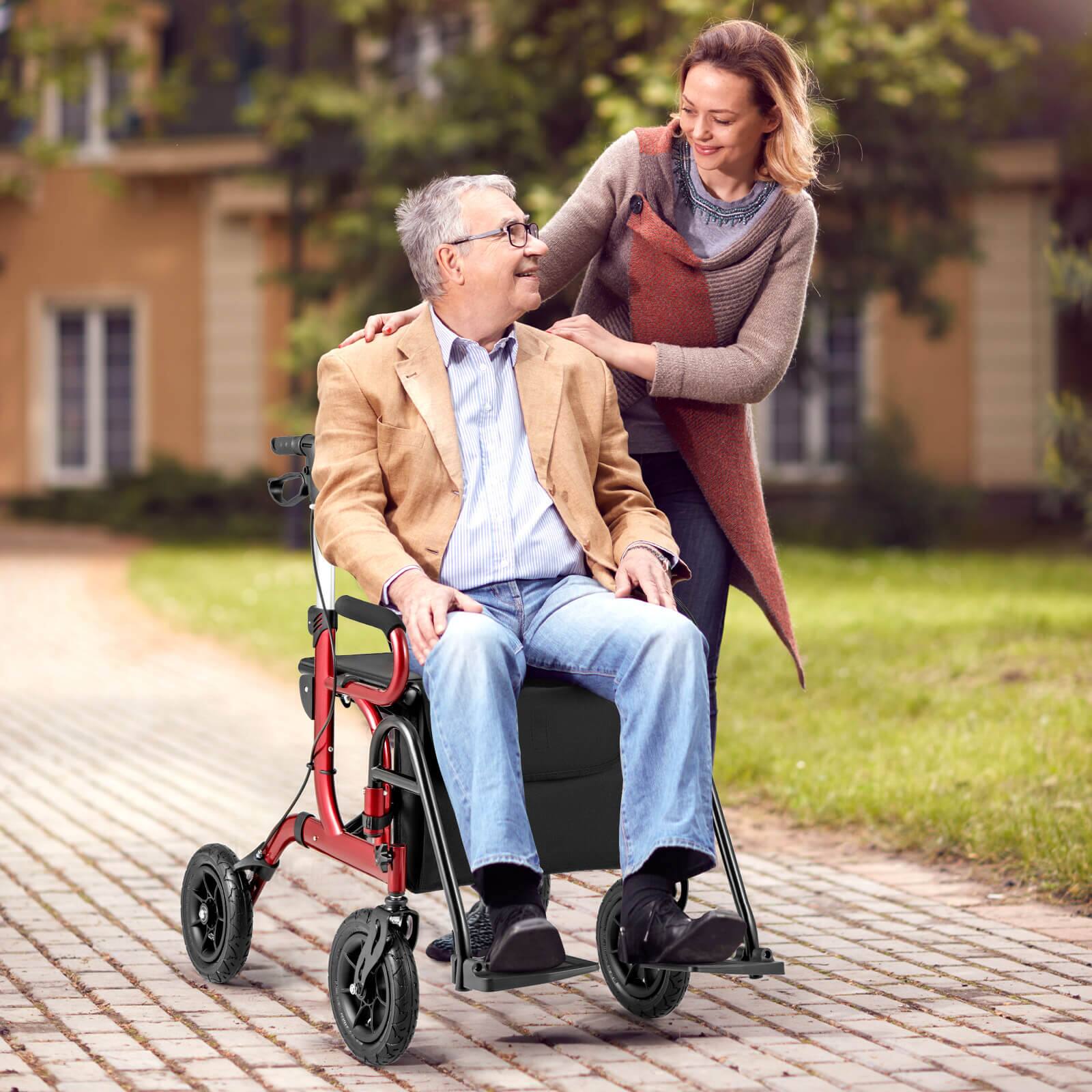 Alt View 1. Costway - Costway 2-in-1 Rollator Walker for Seniors with Seat 9" Pneumatic Tires for All Terrain Red - Red.