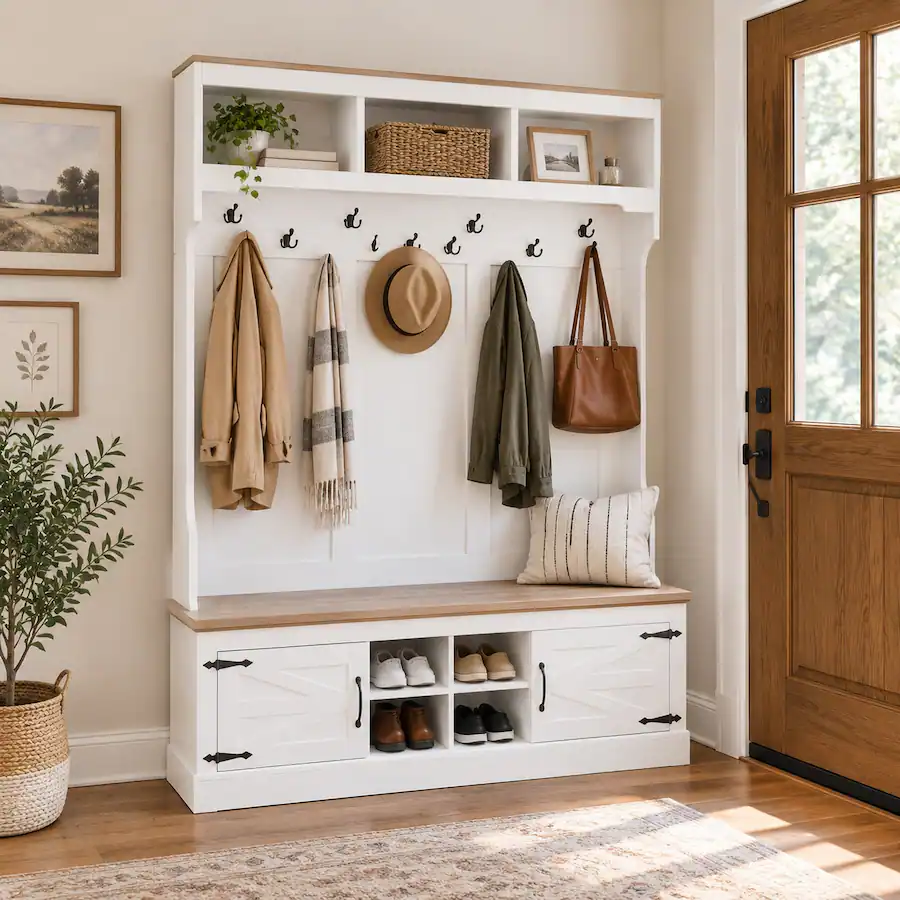 Shoe Rack Winning RYHNUYNE VIBE HAUS 71 in Farmhouse Hall Tree, Entryway Bench, 7 Hooks ...