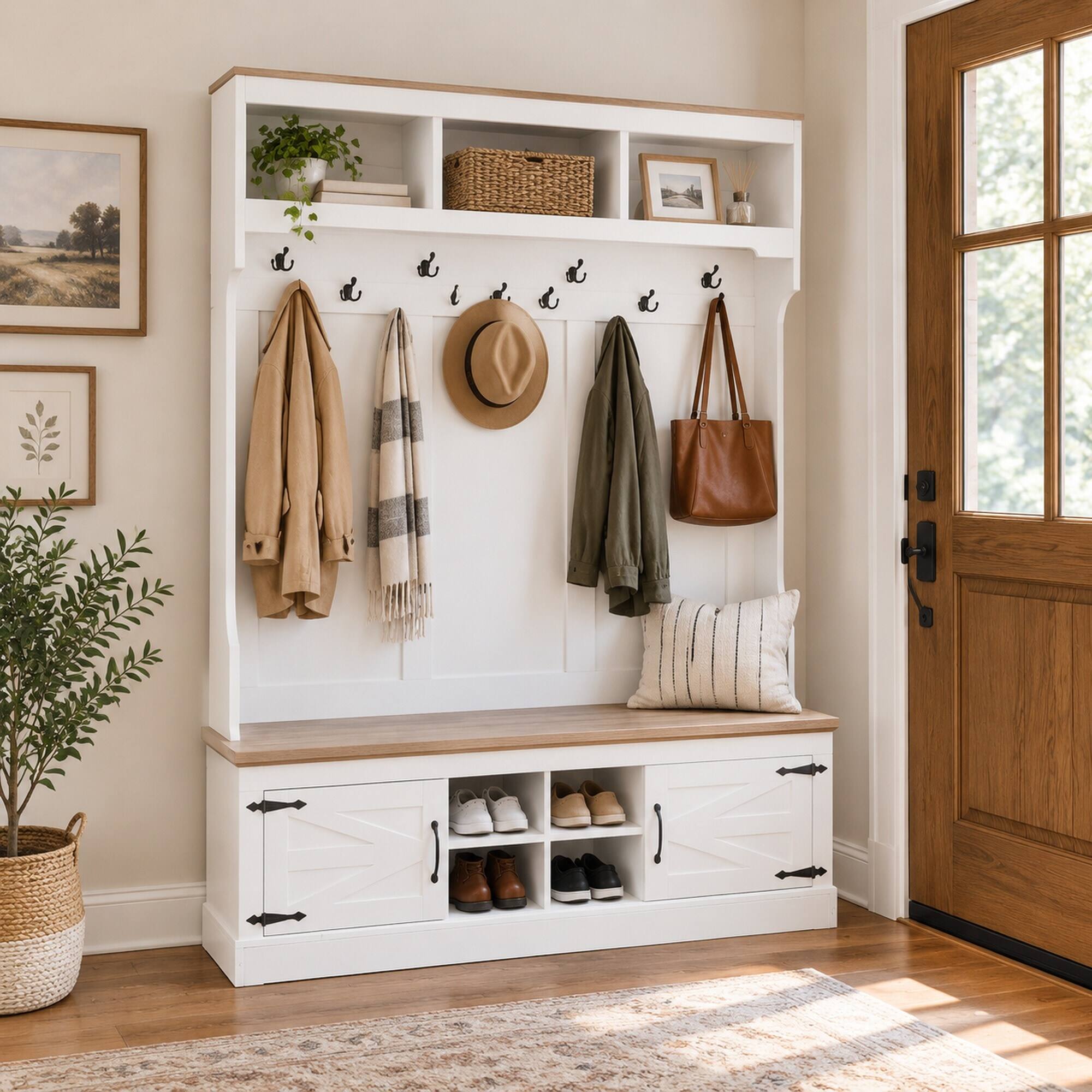 RYHNUYNE VIBE HAUS 71 in Farmhouse Hall Tree, Entryway Bench, 7 Hooks ...