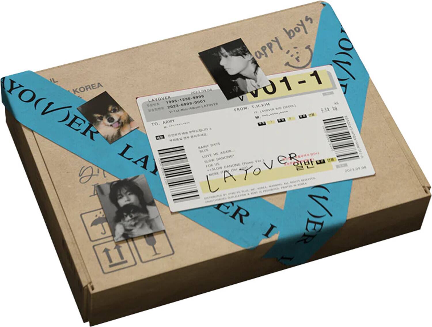 Sure, here is the corrected and grouped text from the image:

---

**Top Left:**
- happy boys
- IL
- KOREA

**Top Right:**
- V01-1
- 2023.09.08

**Middle:**
- LAYOVER
- 1995-1230-9999
- 2023-0908-0001
- LAYOVER
- FROM: T.H.KIM
- (SEOUL)
- TO: ARMY
- 18
- IF.LAYOVER
- M TO. ARMY
- EEO
- RAINT DAYS BLUE AGAIN...
- LOVE ME
- LAY SLOW DANCING* Ver3
- FOR US DANCING (Piano)
- LAYOVER e+SLOW tfor 2023.09.08
- MORE A a ER (V)BR

**Bottom:**
- LAYOVER
- 2023.09.08

**Blue Tape:**
- YOVER
- LAYOVER
- YOVER
- LAYOVER

**Additional