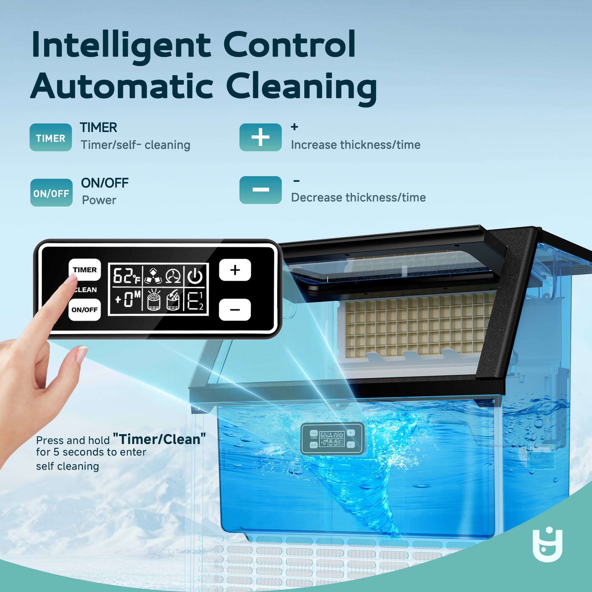 Intelligent Control Automatic Cleaning

TIMER
Timer/self-cleaning

ON/OFF
Power

Increase thickness/time

Decrease thickness/time

Press and hold "Timer/Clean" for 5 seconds to enter self cleaning