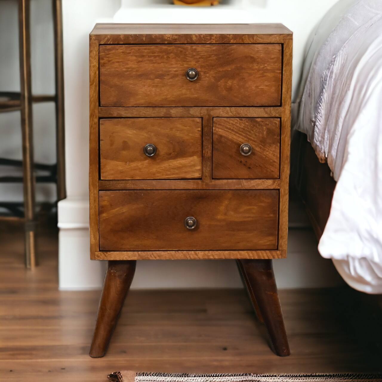 Angle. Artisan Furniture - Artisan Furniture Solid Wood 4 Drawer Multi Chestnut Nightstand, Nordic legs, Dark Brown - Chestnut.