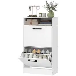 Homcom - Cabinet 2 Flip Drawers Adjustable Dividers Shoe Storage Cabinet Top Shelf Entryway - White