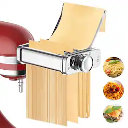 Gvode - 3-in-1 Pasta Attachment Compatible with KitchenAid® All-Metal Roller & Cutters, Cleaning Brush - Silver