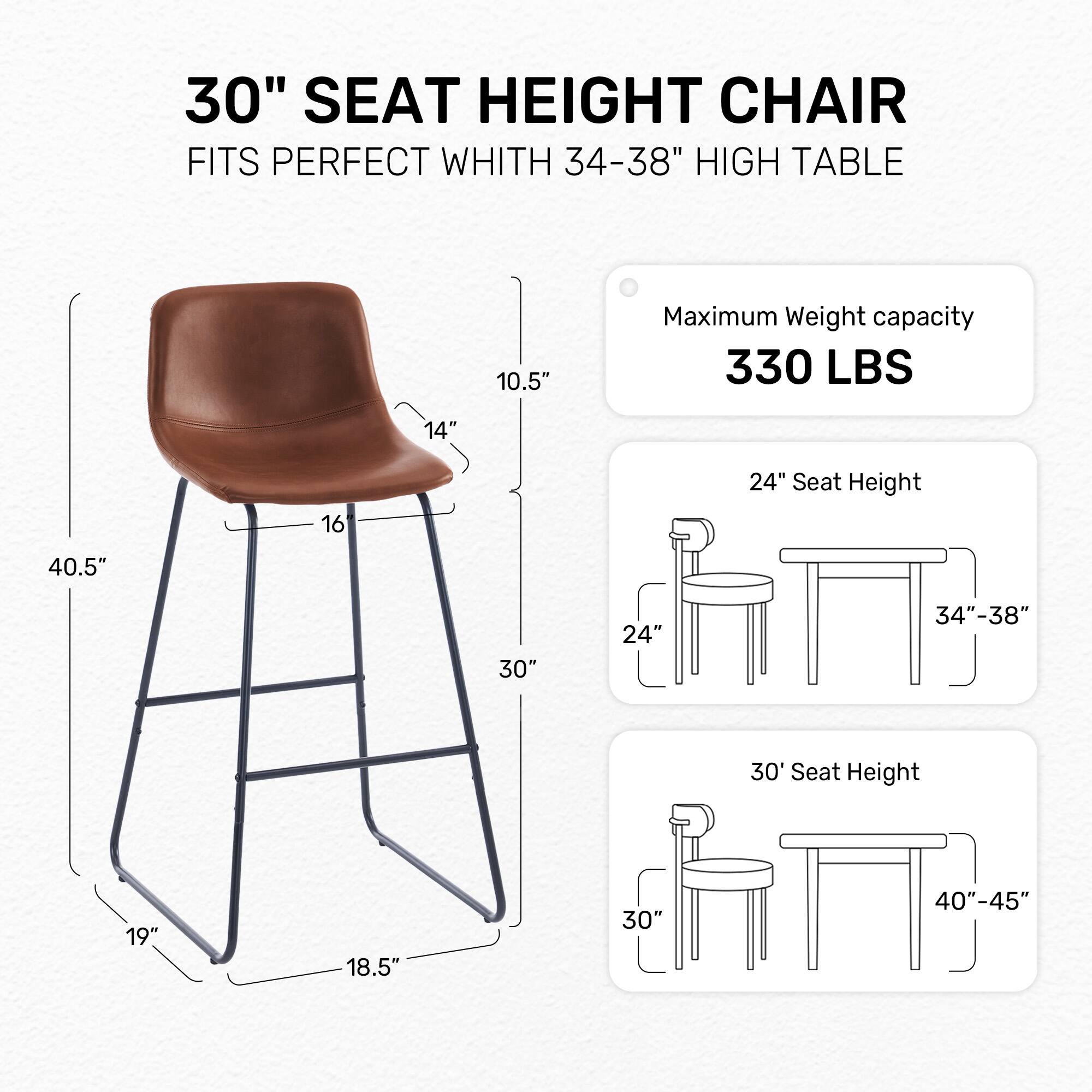 30" SEAT HEIGHT CHAIR FITS PERFECT WHITH 34-38" HIGH TABLE

Maximum Weight capacity 330 LBS

10.5" 14" 16" 24" Seat Height 40.5" 30" 19" 18.5" 30" 40"-45"