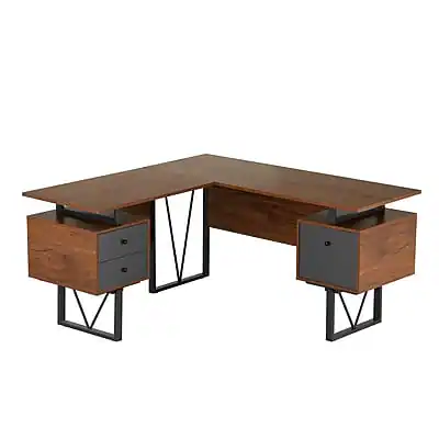 Front. Techni Mobili - 59" L-Shaped Desk with Drawers and File Cabinet(RTA-4809DL-WAL) - Walnut/Black.
