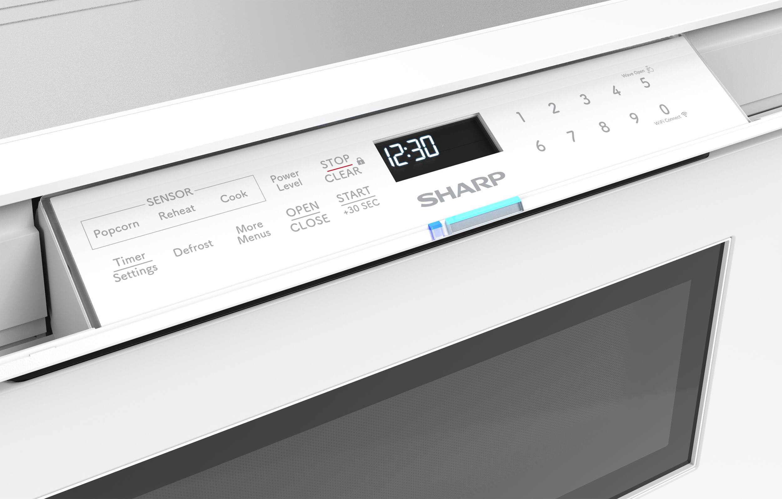 Sure, here is the corrected and grouped text from the image:

- **Ways Open**
  - 5
  - 4
  - 3
  - 2
  - 0
  - 1
  - 9

- **Wi Connect**
  - 6
  - 7
  - 8
  - 9
  - 0

- **Power Level**
  - OPEN
  - CLOSE

- **STOP CLEAR**

- **START +30 SEC**

- **SENSOR**
  - Reheat
  - Popcorn
  - Defrost
  - Timer Settings

- **Cook**
  - More Menus

- **SHARP**

- **12:30**