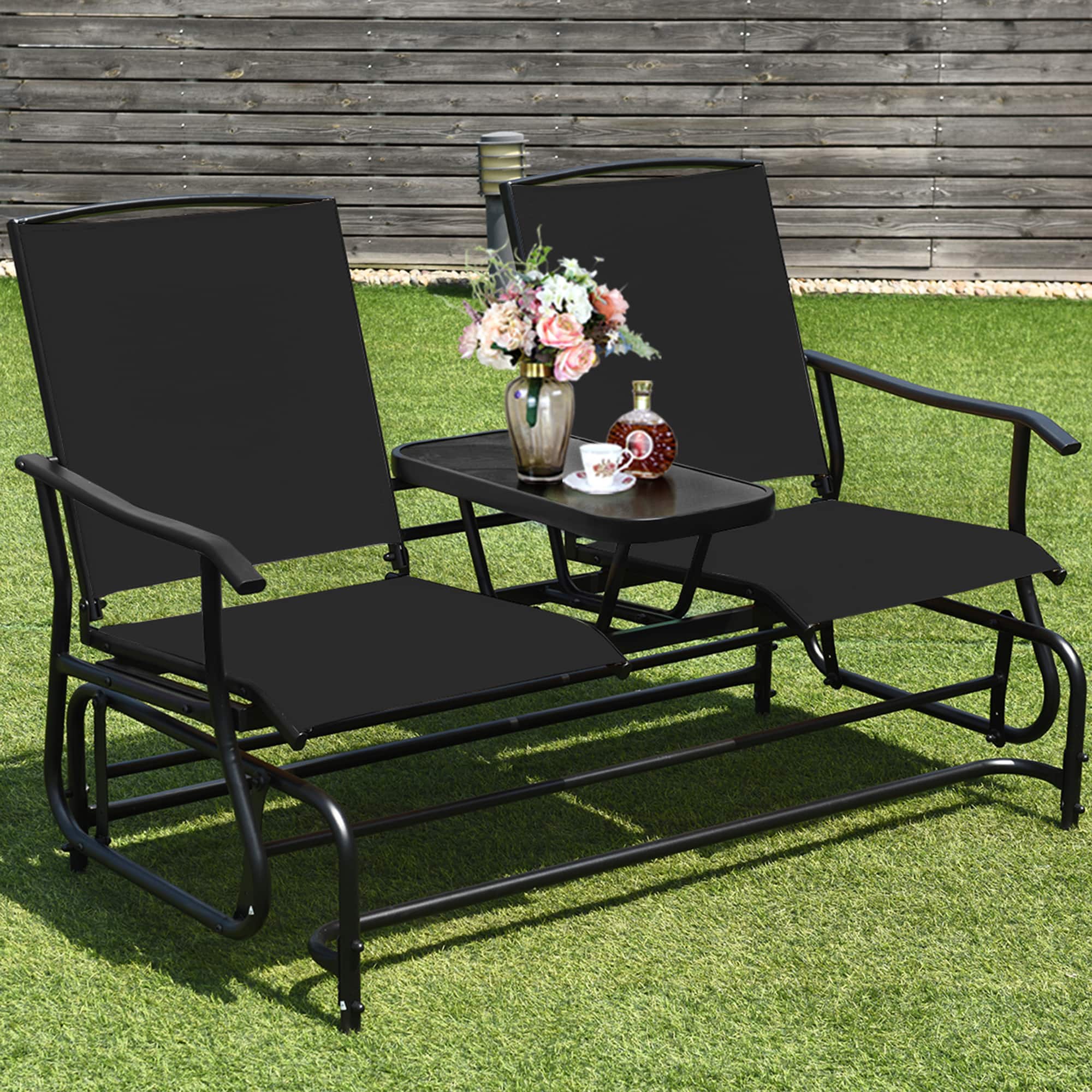 Gymax - Patio 2-Person Glider Rocking Chair Loveseat Garden w/ Tempered Glass Table - Black