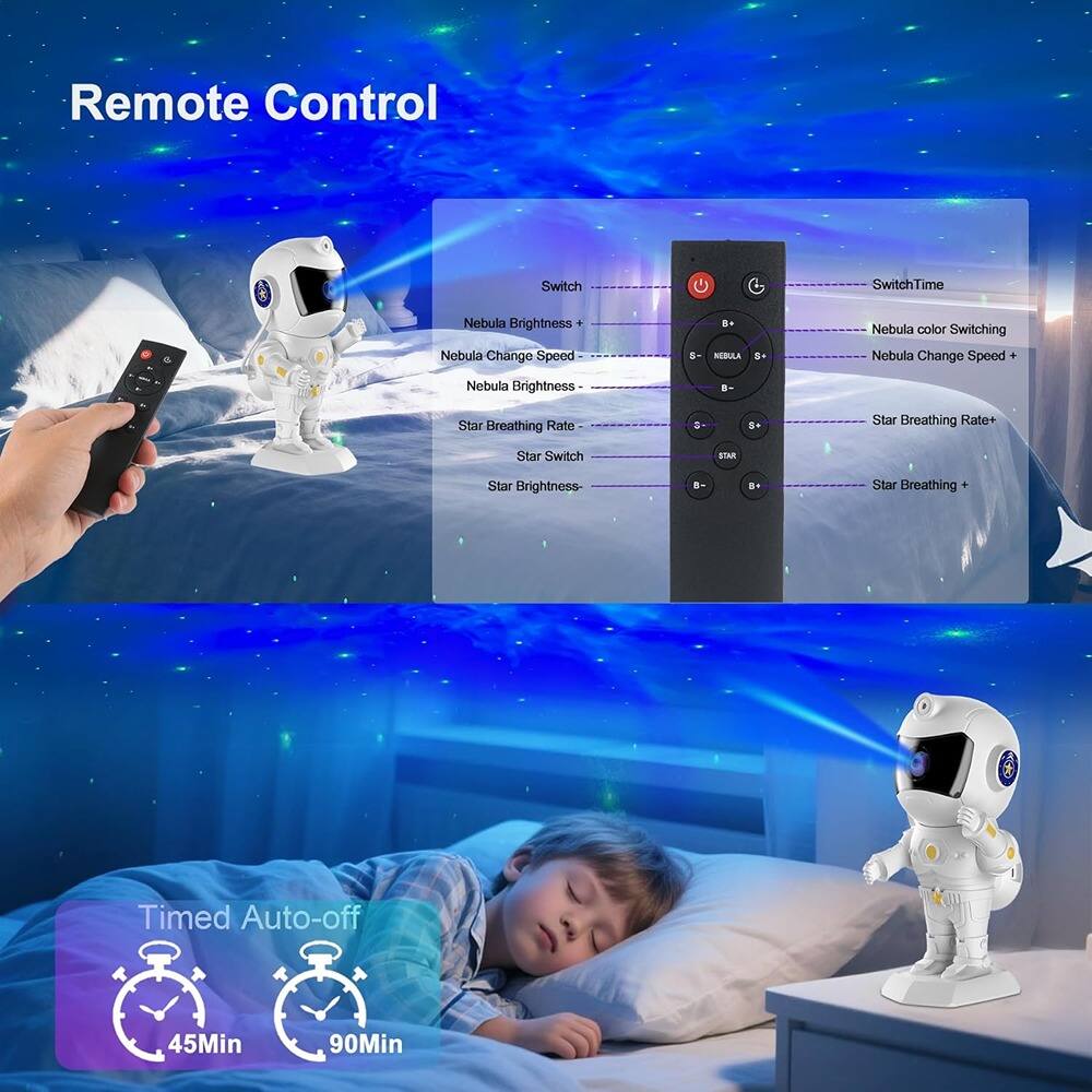 Remote Control

- Switch
- SwitchTime
- Nebula Brightness +
- Nebula Change Speed -
- Nebula Brightness -
- Nebula color Switching
- Nebula Change Speed +
- Star Breathing Rate -
- Star Breathing Rate +
- Star Switch
- Star Brightness -
- Star Breathing +
- Timed Auto-off
  - 45Min
  - 90Min