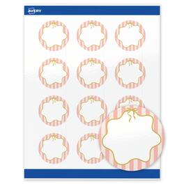Avery - Labels, 2" Diameter, Glossy Pink Stripes/Gold Bow - White