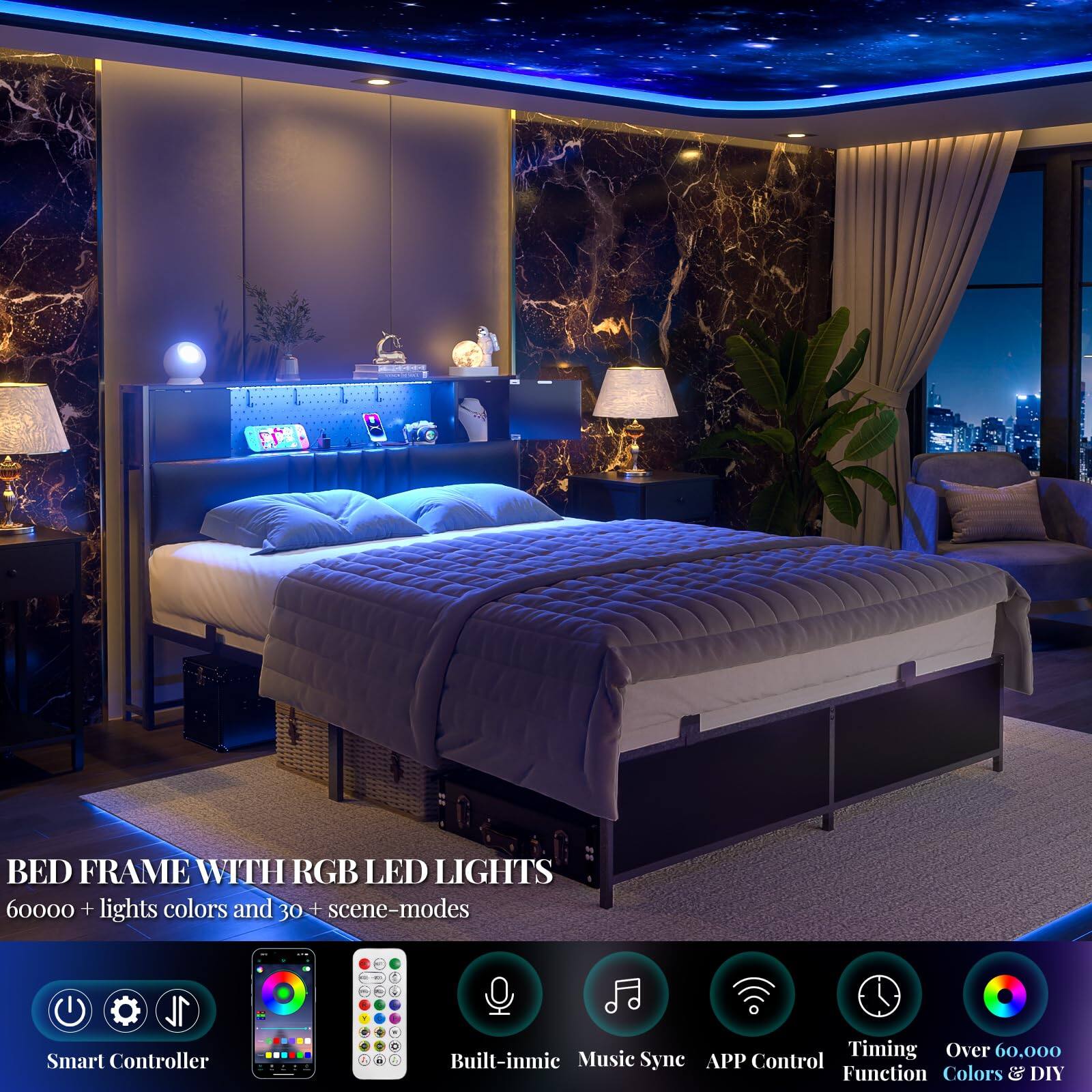 BED FRAME WITH RGB LED LIGHTS  
60000 + lights colors and 30 + scene-modes  
1 Smart Controller  

- Built-in mic  
- Music Sync  
- APP Control  
- Timing Function  
- Over 60,000 Colors & DIY