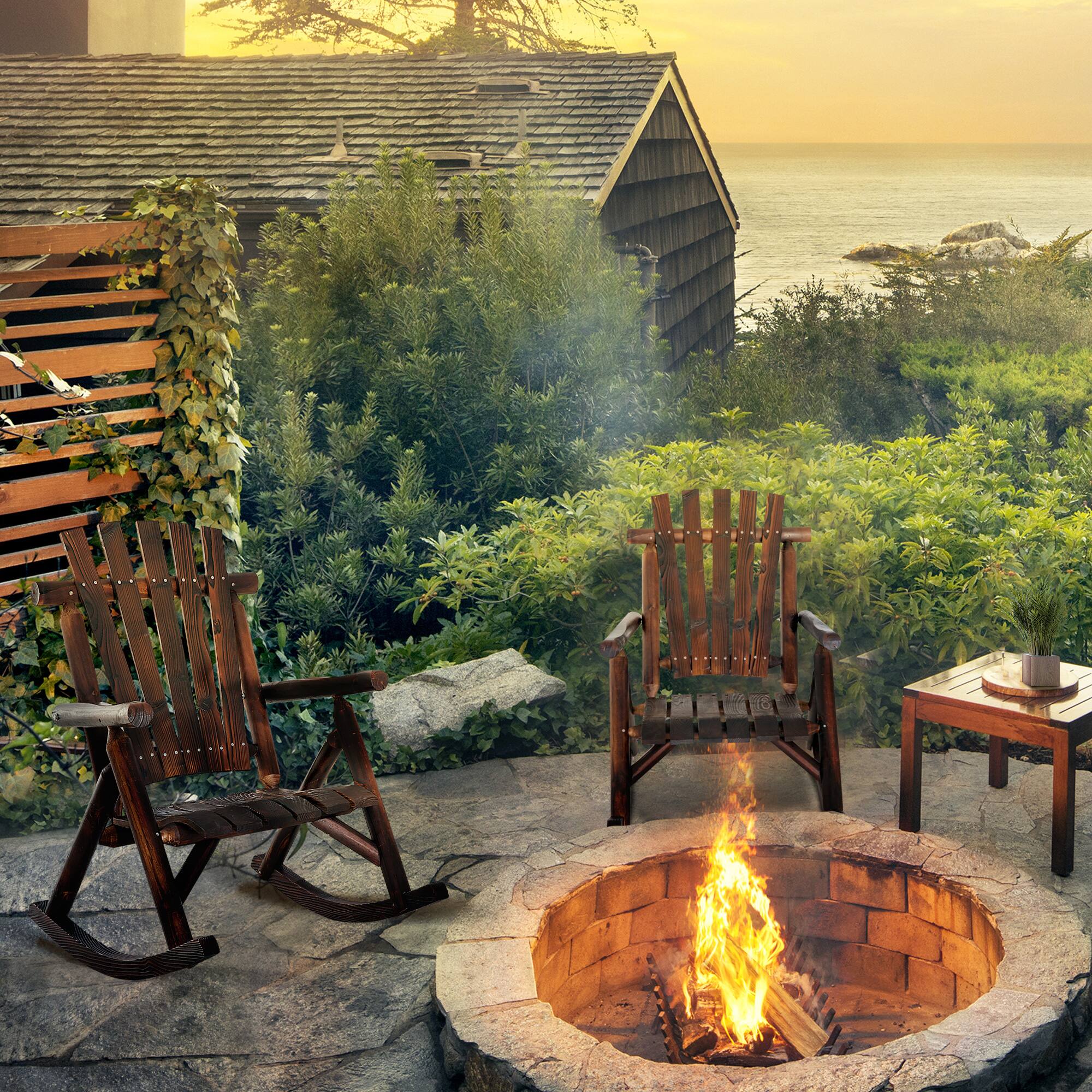 Alt View 1. Outsunny - Wooden Rocking Chair, Single-Person Rustic Adirondack Rocker with Slatted Seat, High Backrest, Armrests for Patio - Brown.