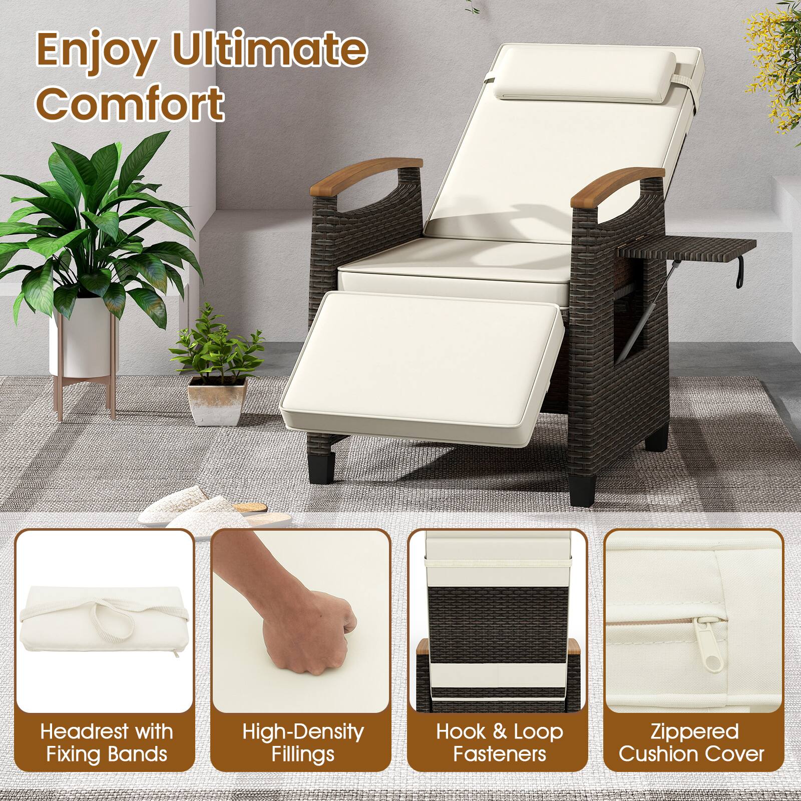 Enjoy Ultimate Comfort
Headrest with Fixing Bands
High-Density Fillings
Hook & Loop Fasteners
Zippered Cushion Cover