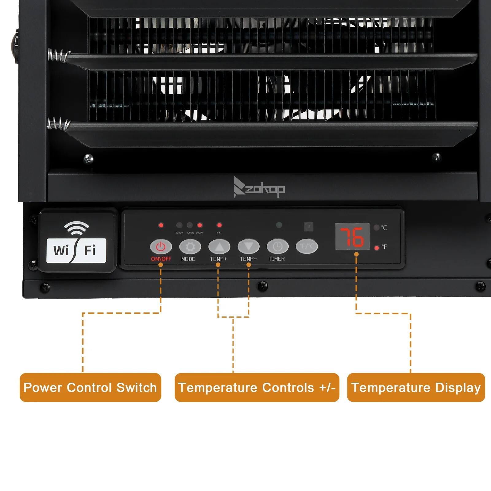 - Power Control Switch
- Temperature Controls +/- 
- Temperature Display
- Wi-Fi
