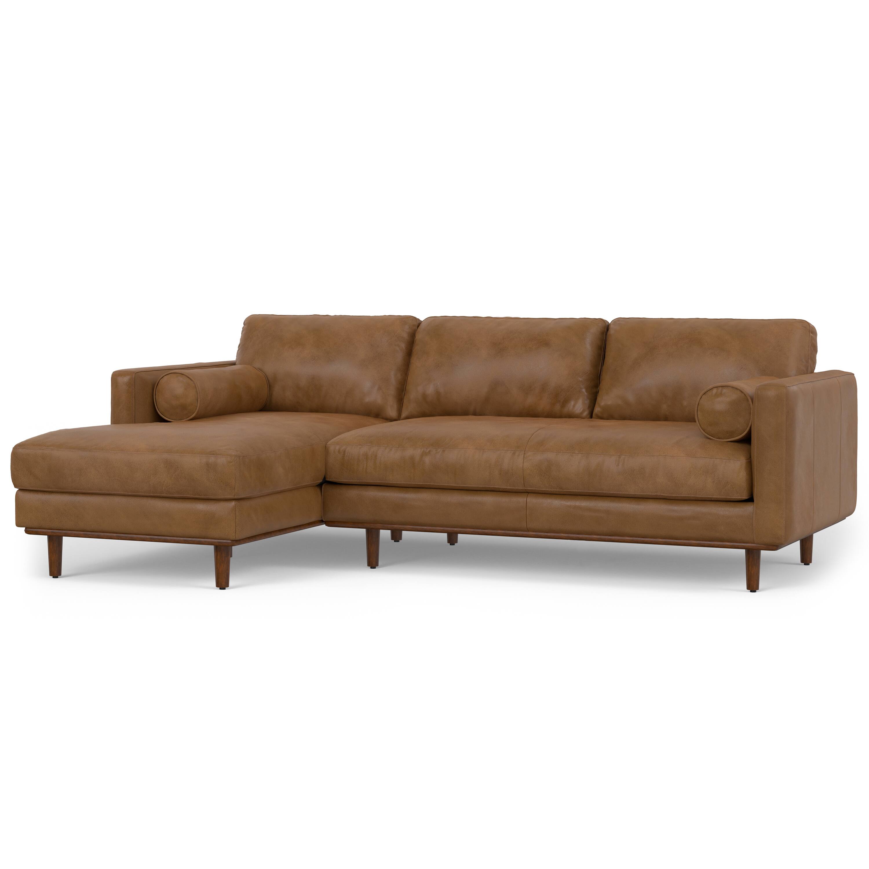 Alt View 1. Simpli Home - Morrison Mid Century Left Sectional 102 inch Wide Sofa Sectional in Caramel Brown Genuine Leather - Caramel Brown.