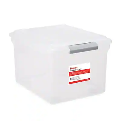 Front. Staples - Staples Store & Slide Plastic File Box Latching, Letter/Legal Size, Clear (140167/139997) - Clear.