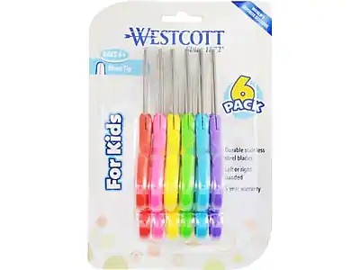 Westcott
Since 1872
For Kids
Ages 4+
6 Pack
Blunt Tip
Durable stainless steel blades
Left or right handed
5 year warranty
For Kids