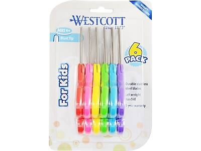 Westcott  
Since 1872  

For Kids  
Ages 4+  

6 Pack  

Blunt Tip  

Durable stainless steel blades  
Left or right handed  
5 year warranty  

For Kids