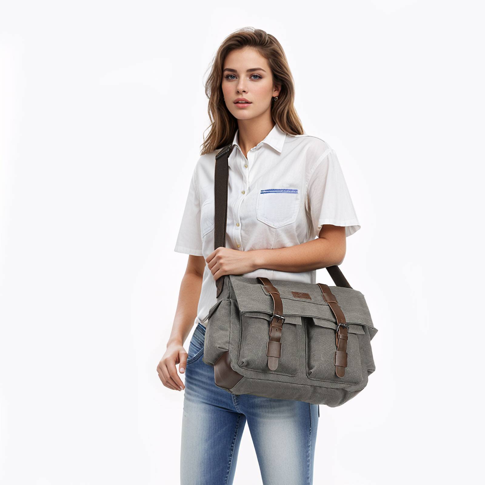 Alt View 5. Unique Bargains - Canvas Crossbody Bag for Men and Women, Vintage Shoulder Bag, Multiple Pockets, Fits 13" Laptops - Gray.