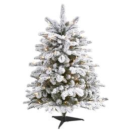 BreeBe - 3’ Flkd North Carolina Fir Xmas Tree w/150 Lights & 545 Tips - White