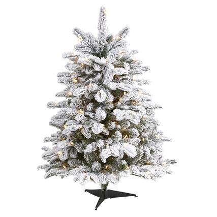 Front. BreeBe - 3’ Flkd North Carolina Fir Xmas Tree w/150 Lights & 545 Tips - White.
