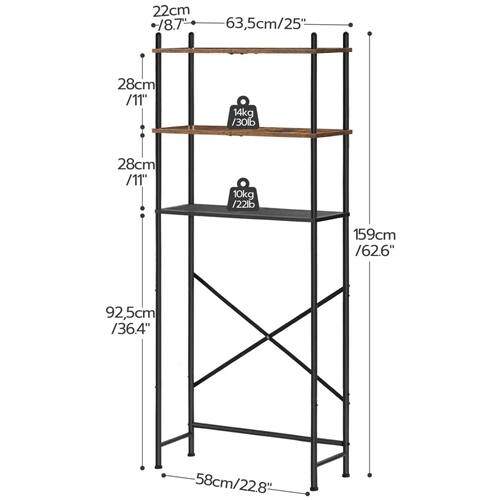 22cm / 8.7"  
63.5cm / 25"  
28cm / 11"  
14kg / 30lb  
28cm / 11"  
10kg / 22lb  
159cm / 62.6"  
92.5cm / 36.4"  
58cm / 22.8"