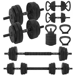 SereneLife - SQUATZ 45/70/90 lb Adjustable Dumbbell Set, 4-in-1 with Kettlebell & Barbell, Round Weight Set - Black