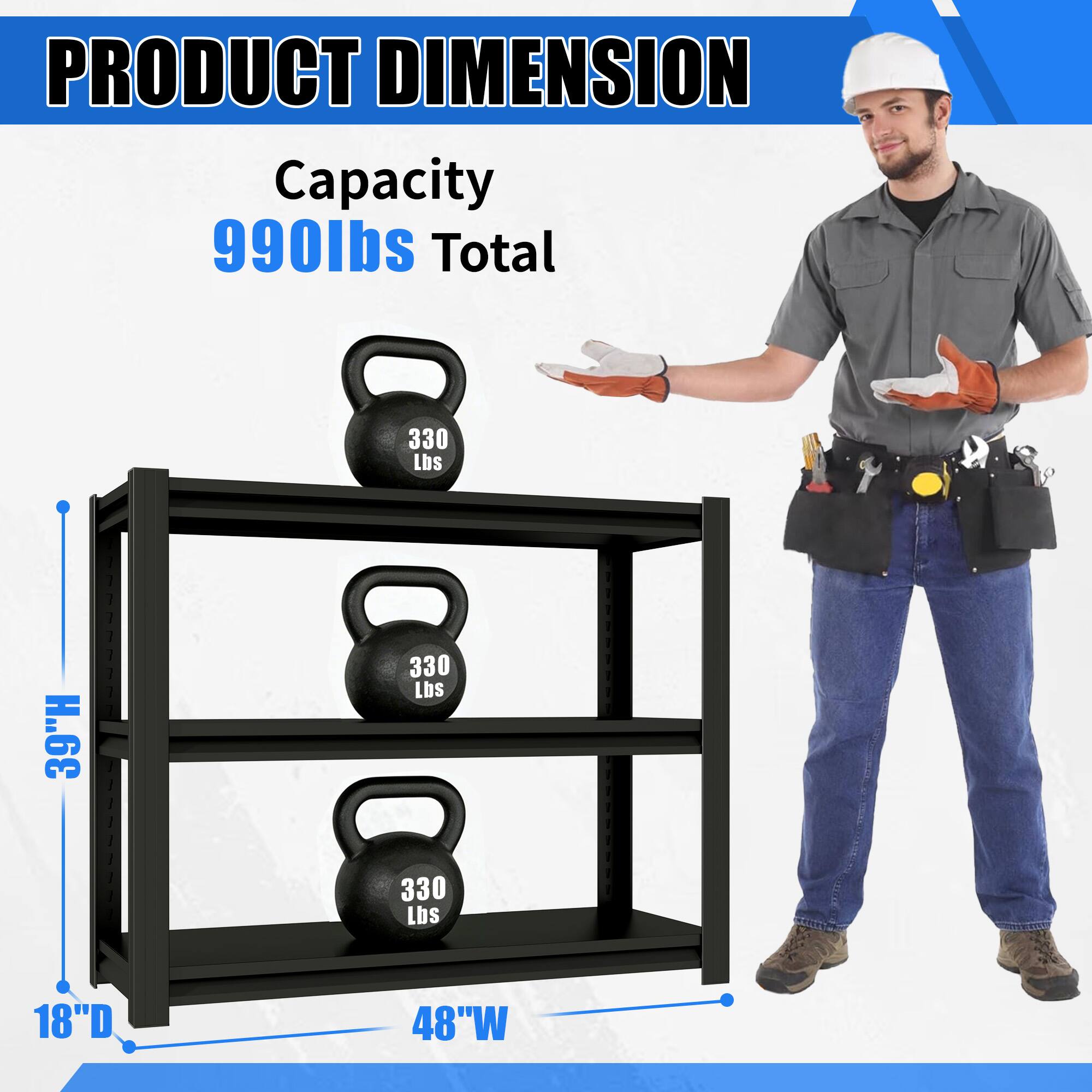PRODUCT DIMENSION  
Capacity 990lbs Total  
330 Lbs  
330 Lbs  
330 Lbs  
18"D  
48"W