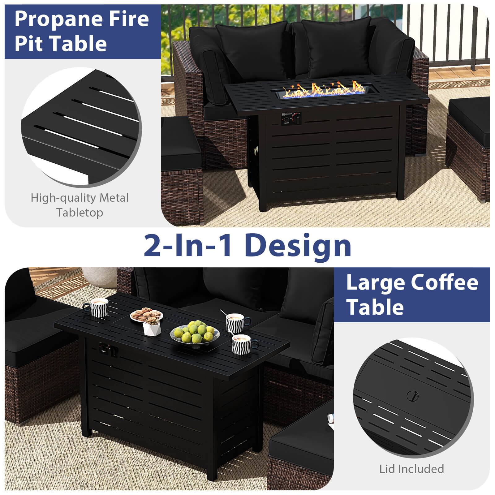 Alt View 9. Costway - Costway 5 PCS Patio Furniture Set Heavy-duty Frame Rattan Sofa Set with 60,000 BTU Firepit Table - Black.