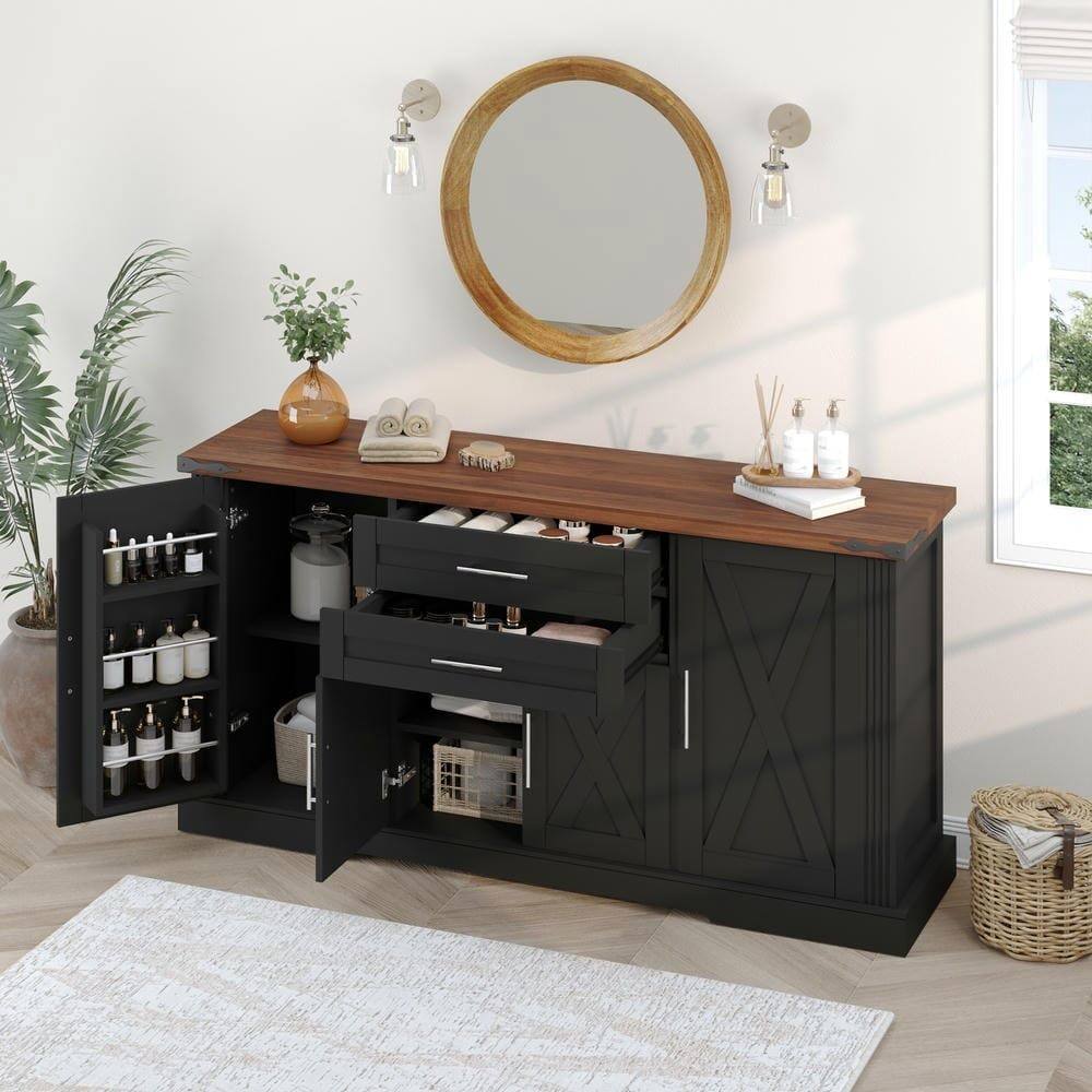 Alt View 7. Kadyn - 63" Farmhouse Barn Door Cabinet with 2 Drawers and Adjustable Shelves - Black - Black.