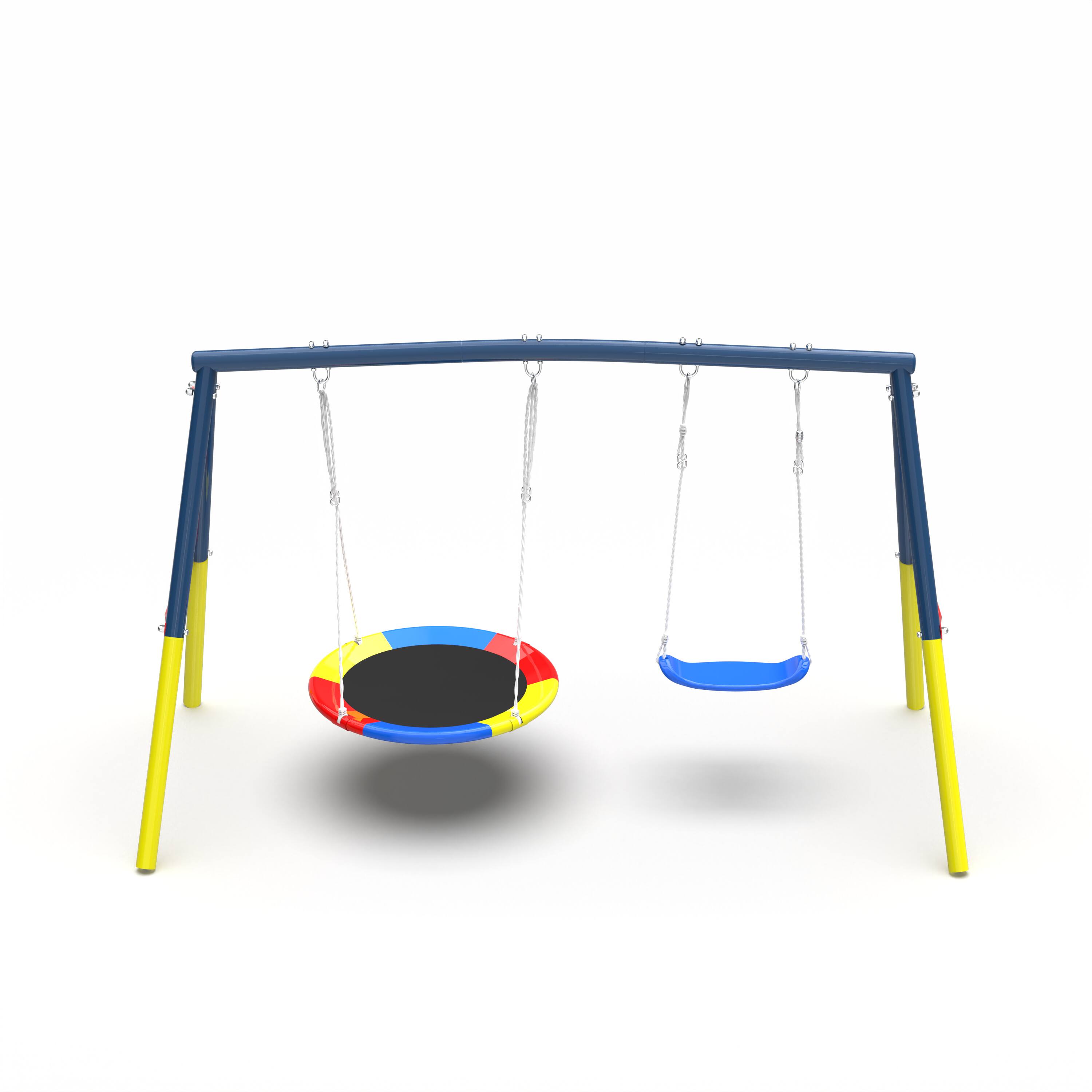 Front. Siljoy - Double Swing Set, 330lb Capacity, Saucer & Belt Seats, A‑Frame Metal Stand, ASTM Certified, for Backyard - Blue.