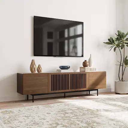 Front. POVISON - 79" Mid-Century TV Stand with Sintered Stone Wood Media Console with Walnut Veneer Slatted Cabinet, Tall-Cast Metal Legs - Walnut.