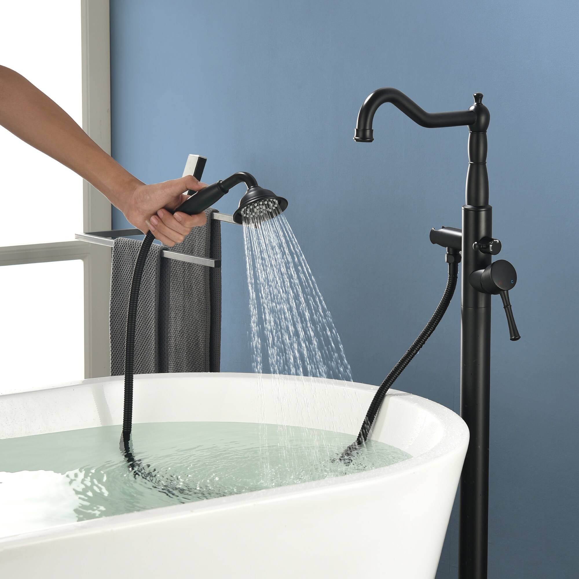 Alt View 3. Boyel Living - Matte Black Freestanding Tub Faucet Solid Brass 4.3GPM Spout 1.8GPM Handheld 360° Swivel cUPC - Matte Black.