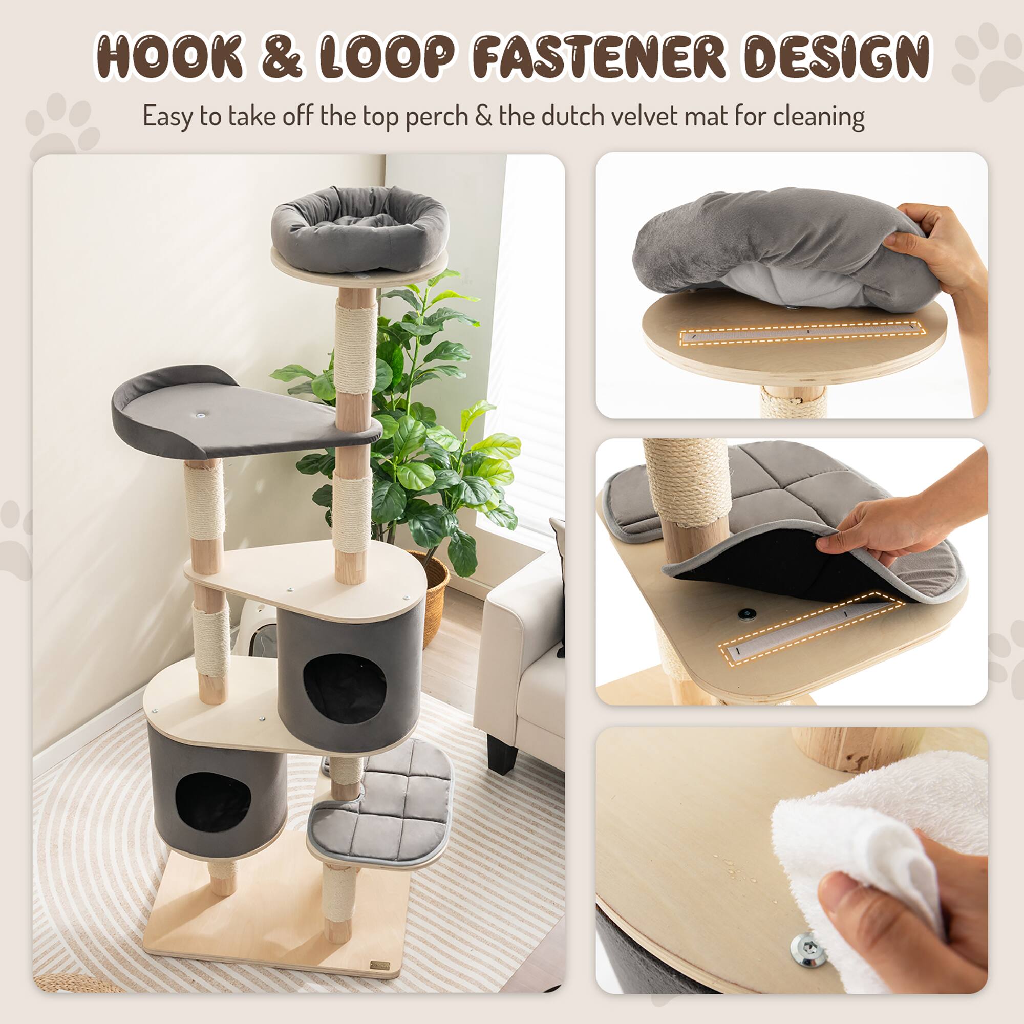 HOOK & LOOP FASTENER DESIGN  
Easy to take off the top perch & the dutch velvet mat for cleaning