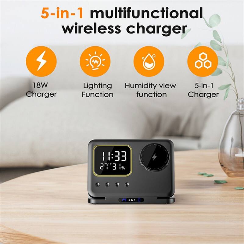 Back. RISOKEYS - 5-in-1 Wireless Charger with Clock - Temperature and Humidity Monitor, Multi-functional, Magnetic Charging Station - White.