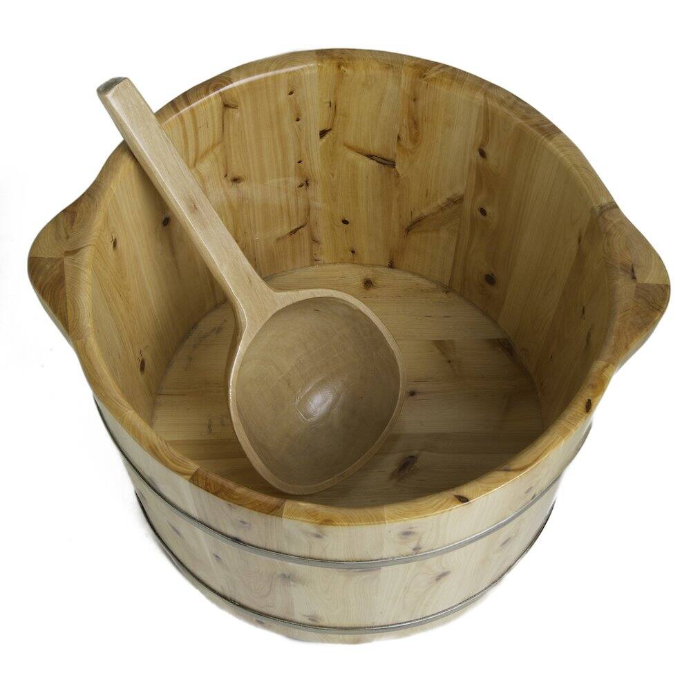Angle. Alfi - Round Wooden Cedar Foot Soaking Tub - Natural Wood.