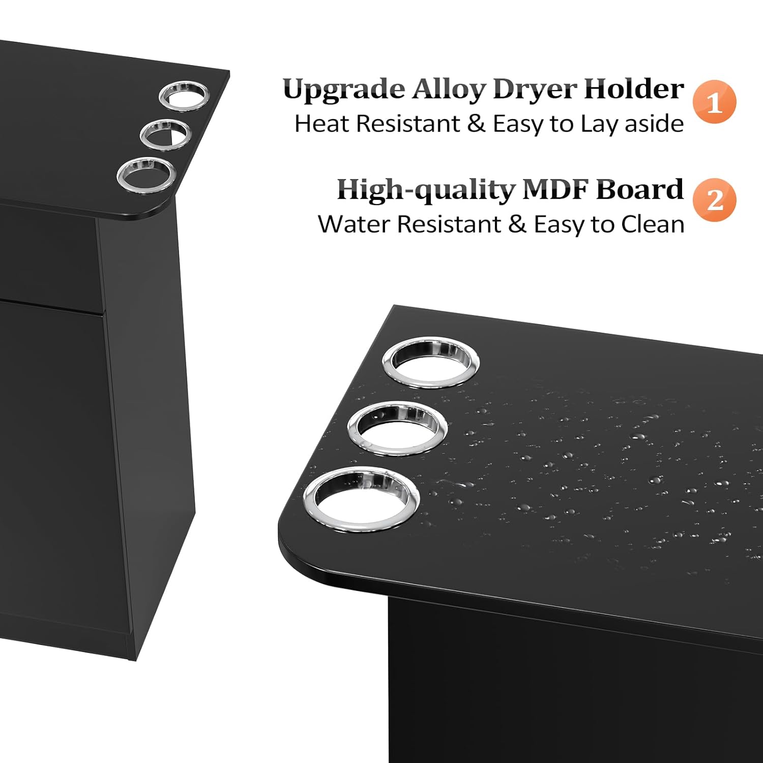 Upgrade Alloy Dryer Holder  
1. Heat Resistant & Easy to Lay aside  
2. High-quality MDF Board  
3. Water Resistant & Easy to Clean