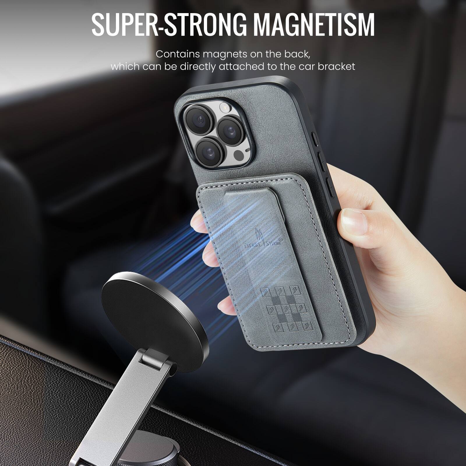 SUPER-STRONG MAGNETISM  
Contains magnets on the back, which can be directly attached to the car bracket