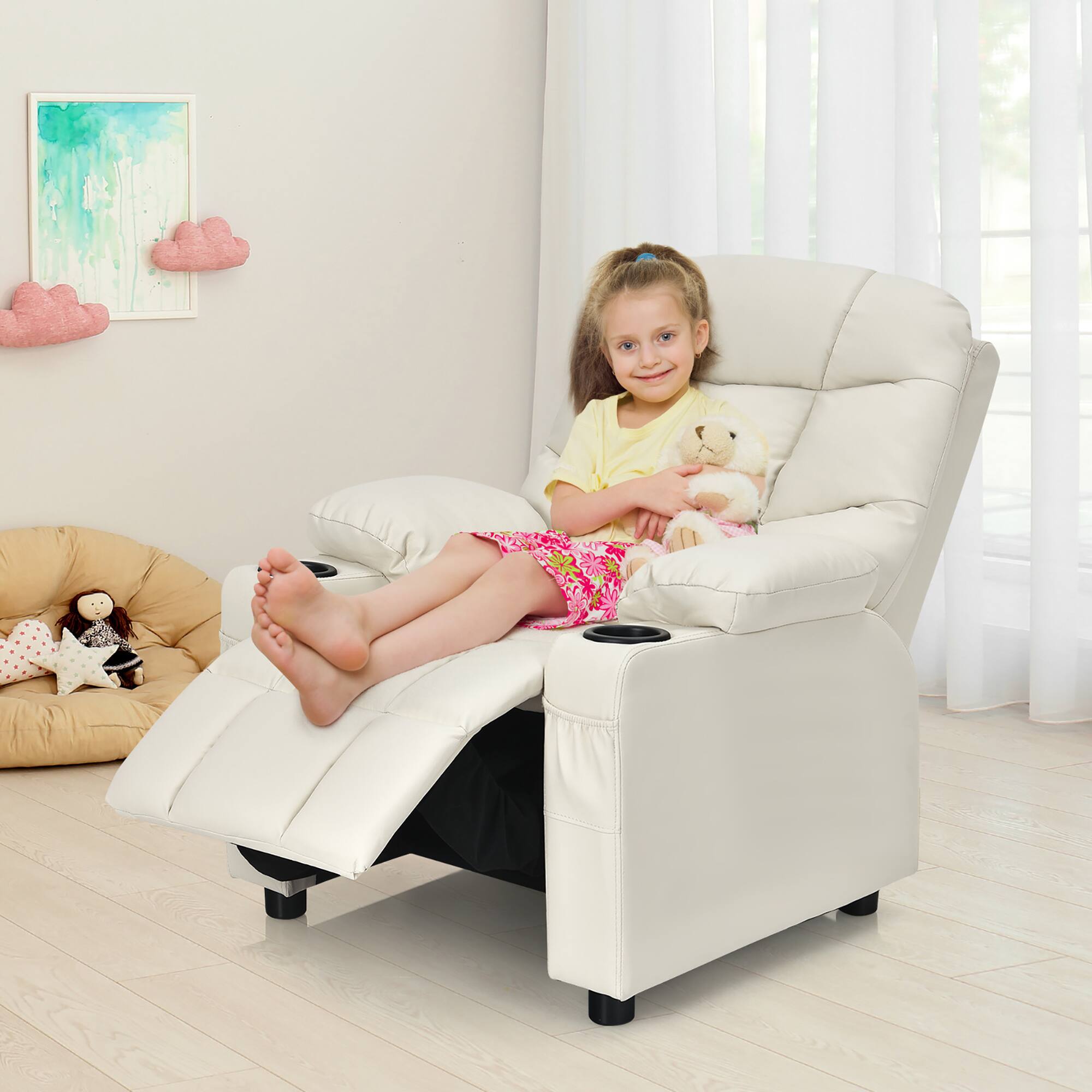 Alt View 9. Costway - Costway Kids Youth Recliner Chair PU Leather w/Cup Holders & Side Pockets - Beige.