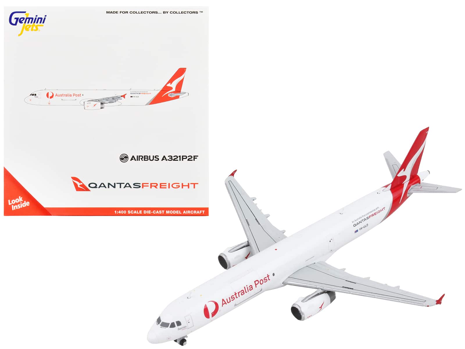 GeminiJets - Airbus A321P2F Commercial Aircraft Qantas Freight - Australia Post Tail 1/400 Diecast Model Airplane - White with Red