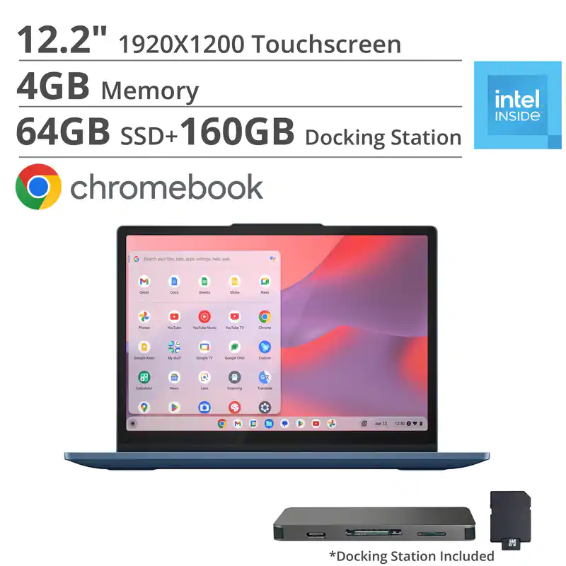 12.2" 1920x1200 Touchscreen  
4GB Memory  
64GB SSD + 160GB Docking Station  
Chromebook  
Intel Inside  
*Docking Station Included