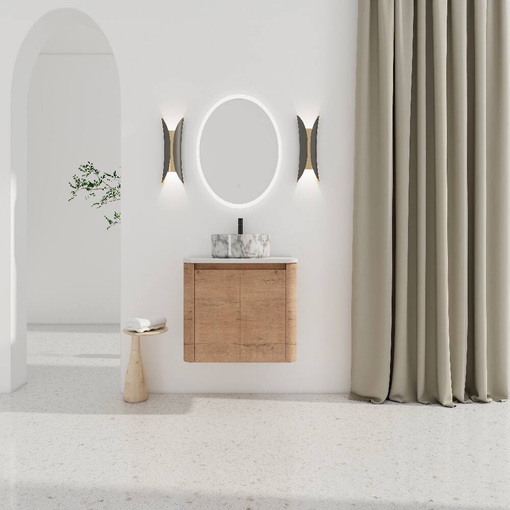 Left. Loheer - Loheer 30 inch wall mounted bathroom vanity with ceramic vessel sink, modern bathroom vanity, Imitative Oak - Imitative Oak.