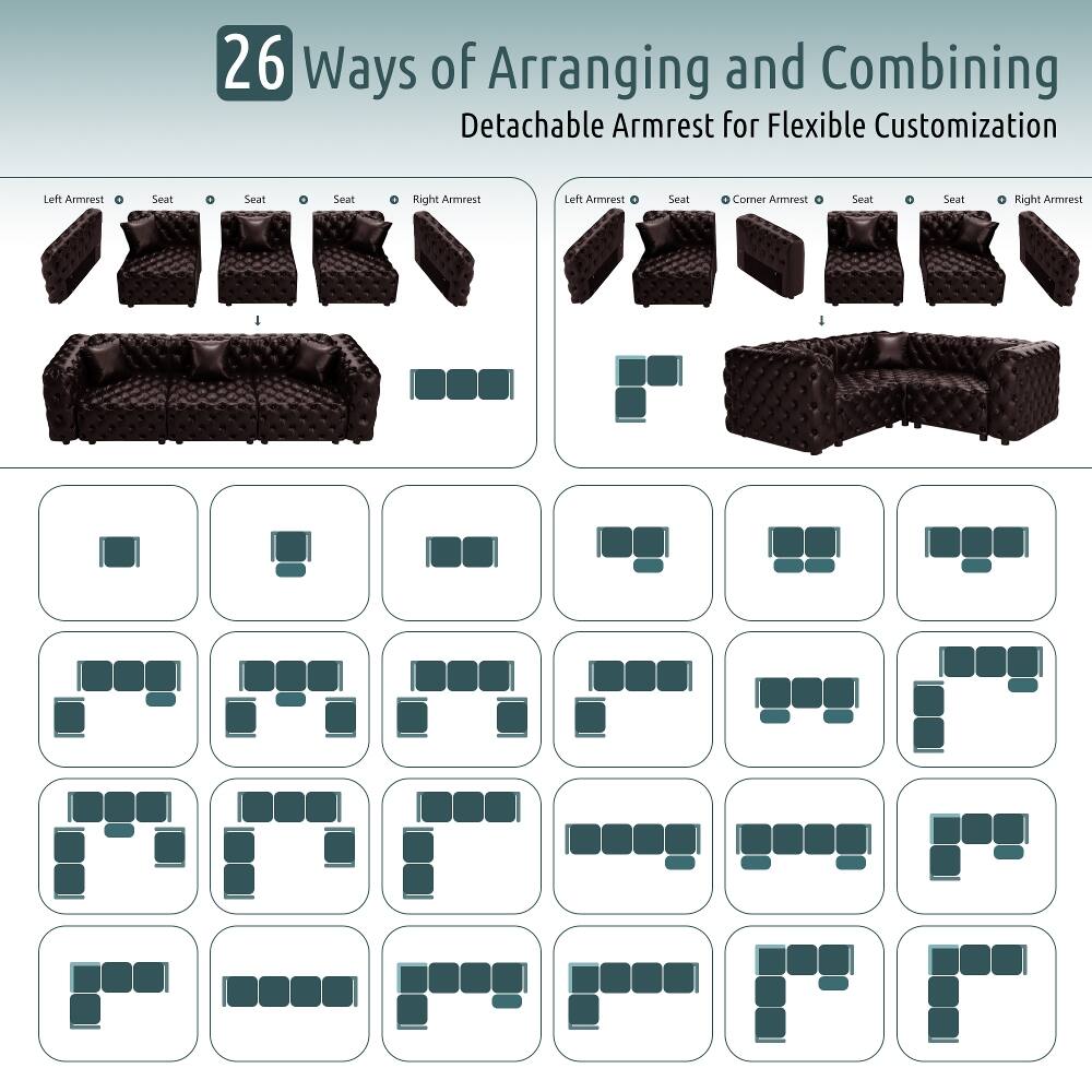 26 Ways of Arranging and Combining Detachable Armrest for Flexible Customization

Left Armrest | Seat | Seat | Seat | Right Armrest

Left Armrest | Seat | Corner Armrest | Seat | Seat | Right Armrest
