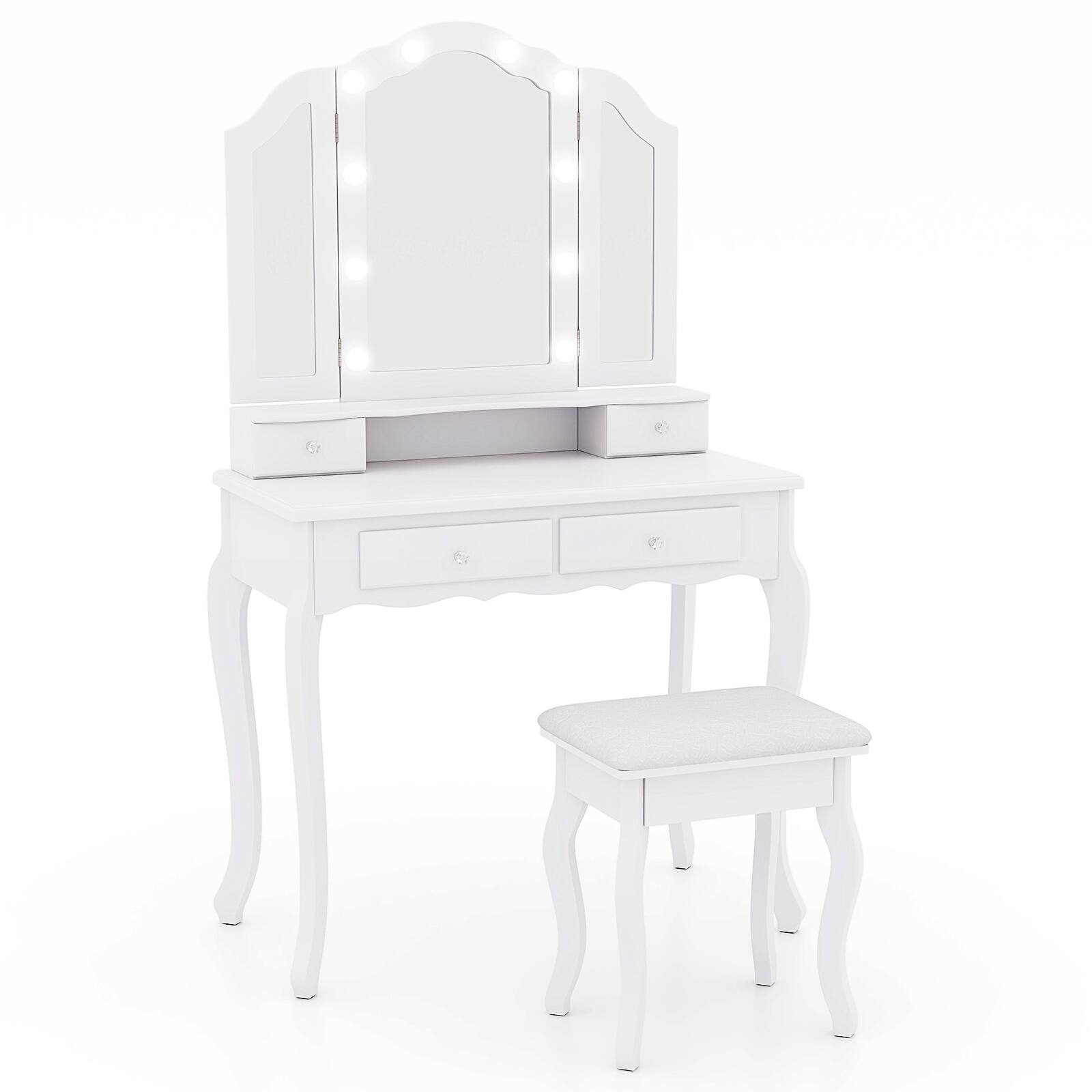 Back. SlickBlue - Makeup Vanity Desk with Lighted Mirror and Organized Storage Drawers - White.